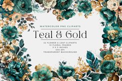 Teal and Gold Flowers Watercolor Clipart Product Image 1