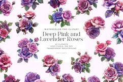 40 Watercolor Deep Pink and Lavender Roses Clipart Product Image 1