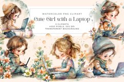 Watercolor Cute Girl with a Laptop Clipart Product Image 1