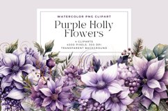 4 Watercolor Purple Holly Flowers Clipart Product Image 1