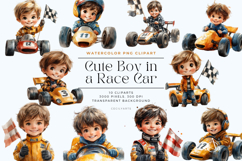 Watercolor Cute Boy in a Race Car Clipart Bundle Product Image 1