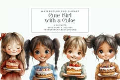 Watercolor Cute Girl with a Cake Clipart Product Image 1