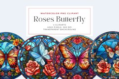 Watercolor Roses Butterfly Stained Glass Clipart Product Image 1