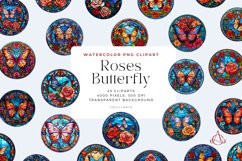 Watercolor Roses Butterfly Stained Glass Clipart Bundle Product Image 1