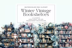 4 Watercolor Winter Vintage Bookshelves Clipart Product Image 1