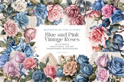 30 Watercolor Blue and Pink Vintage Roses Clipart Product Image 1