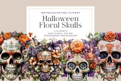 4 Watercolor Halloween Floral Skulls Clipart Product Image 1