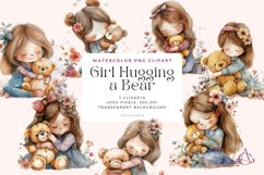 Watercolor Girl Hugging a Bear Clipart Bundle Product Image 1