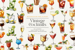 Watercolor Vintage Cocktails Clipart Bundle Product Image 1