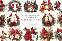 Watercolor Cardinal Christmas Floral Set Clipart Bundle Product Image 1