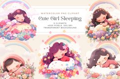 Watercolor Cute Girl Sleeping Clipart Product Image 1