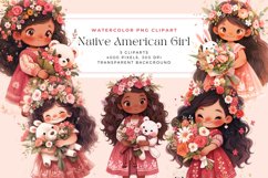 Watercolor Cute Native American Girl Clipart Product Image 1