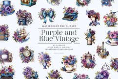 Watercolor Purple and Blue Vintage Clipart Bundle Product Image 1