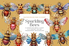 12 Watercolor Sparkling Bees Clipart Product Image 1
