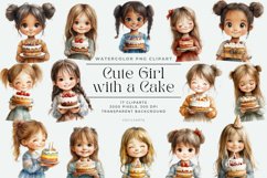 Watercolor Cute Girl with a Cake Clipart Bundle Product Image 1