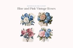 Watercolor Blue and Pink Vintage Roses Clipart Product Image 2