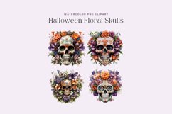 4 Watercolor Halloween Floral Skulls Clipart Product Image 2