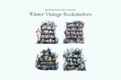 4 Watercolor Winter Vintage Bookshelves Clipart Product Image 2