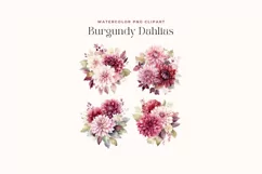 4 Watercolor Burgundy Dahlias Clipart Product Image 2