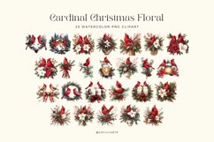 Watercolor Cardinal Christmas Floral Set Clipart Bundle Product Image 2