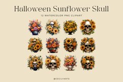 12 Watercolor Halloween Sunflower Skull Clipart Product Image 2