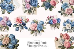 30 Watercolor Blue and Pink Vintage Roses Clipart Product Image 2