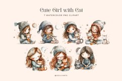 Watercolor Cute Girl with Cat Clipart Product Image 2