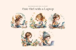 Watercolor Cute Girl with a Laptop Clipart Product Image 2