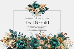 Teal and Gold Flowers Watercolor Clipart Product Image 2
