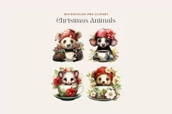 4 Watercolor Christmas Animals in a Teacup Clipart Product Image 2