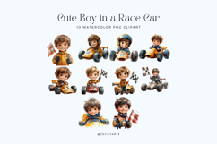 Watercolor Cute Boy in a Race Car Clipart Bundle Product Image 2