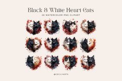 28 Watercolor Black and White Heart Cats Clipart Product Image 2