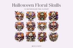 12 Watercolor Halloween Floral Skulls Clipart Product Image 2