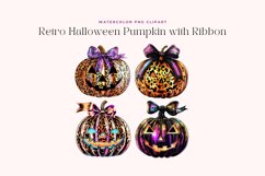 Watercolor Retro Halloween Pumpkin with Ribbon Clipart Product Image 2