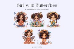 Watercolor African American Girl with Butterflies Clipart Product Image 2