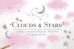 Pink Watercolor Clouds &amp; Silver Stars - PNG Overlays Product Image 1