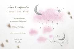 Pink Watercolor Clouds &amp; Silver Stars - PNG Overlays Product Image 2