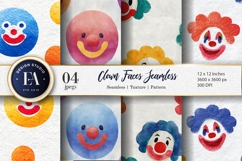 Watercolor Seamless Clown Faces Pattern Digital Paper Product Image 1