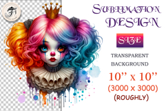 Rainbow-haired clown girl in princess style with spooky makeup and a crown. Elegant and eerie character for Halloween or circus-themed designs.