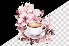 Watercolor coffee and pink flowers floral 20 oz tumbler skinny mug wrap clipart t-shirt sublimation printable design