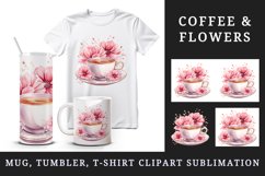 Watercolor coffee and pink flowers floral 20 oz tumbler skinny mug wrap clipart t-shirt sublimation printable design