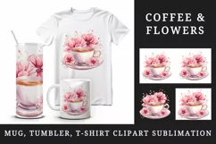 Watercolor coffee and pink flowers floral 20 oz tumbler skinny mug wrap clipart t-shirt sublimation printable design