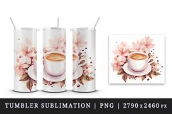 Watercolor coffee and pink flowers floral 20 oz tumbler skinny mug wrap clipart t-shirt sublimation printable design