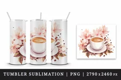 Watercolor coffee and pink flowers floral 20 oz tumbler skinny mug wrap clipart t-shirt sublimation printable design