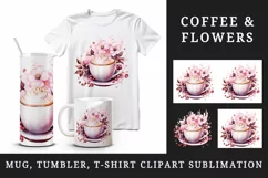Watercolor coffee and pink flowers floral 20 oz tumbler skinny mug wrap clipart t-shirt sublimation printable design