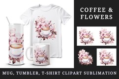 Watercolor coffee and pink flowers floral 20 oz tumbler skinny mug wrap clipart t-shirt sublimation printable design