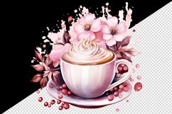 Watercolor coffee and pink flowers floral 20 oz tumbler skinny mug wrap clipart t-shirt sublimation printable design