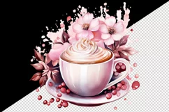 Watercolor coffee and pink flowers floral 20 oz tumbler skinny mug wrap clipart t-shirt sublimation printable design