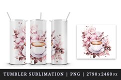 Watercolor coffee and pink flowers floral 20 oz tumbler skinny mug wrap clipart t-shirt sublimation printable design