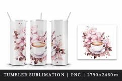 Watercolor coffee and pink flowers floral 20 oz tumbler skinny mug wrap clipart t-shirt sublimation printable design